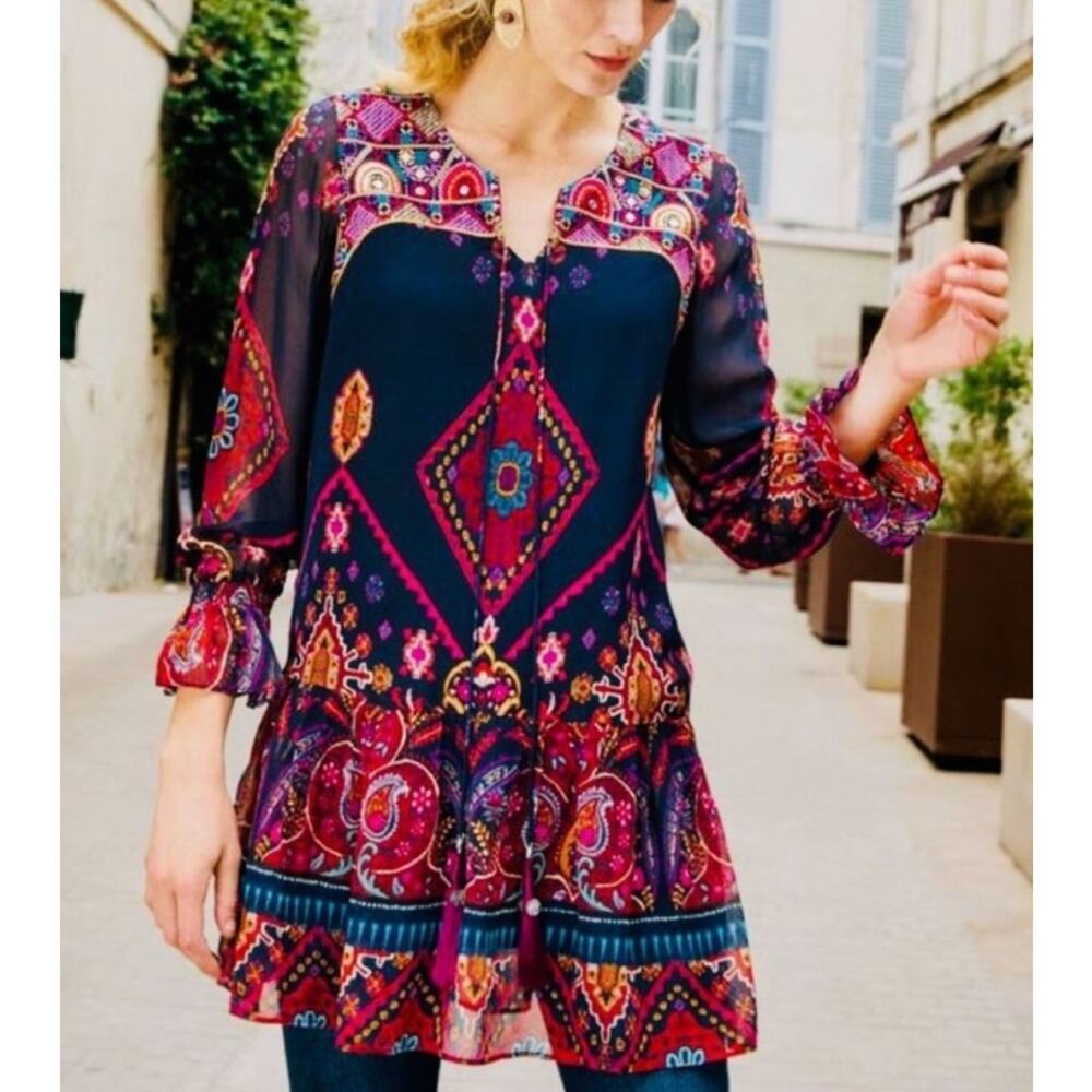 Soft Surroundings Iskra Embroidered Tiered Tunic Top Aztec Boho Small Petite